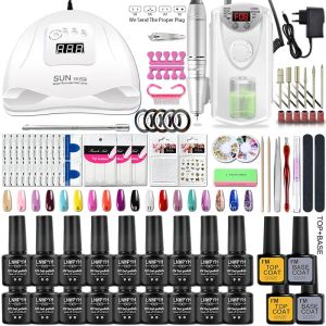 Kits Kicure Ensemble avec 54W / 36W UV Sécheur de lampe à ongles 18/6 couleurs Gel Rigoux de ongles Set machine à forage en gel Set outils d'art à ongles