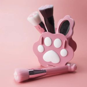 Kits mini schattige kat klauw vorm make -up borstels fundering borstel zachte vezel draagbare kleine spiegelopslag doos set schoonheid make -upgereedschap