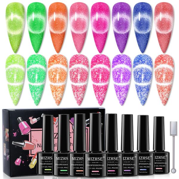 Kits Mizhse 8pcs Cat Eye Gel Ryconde de vernis à ongles Fluorescent Réflectif Glitter Gel Magnétique Boulangez Off UV / LED Laser Nail Vernis Art