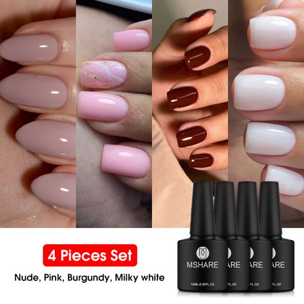 Kits Mshare Summer Nails Set Nude Pink Milky blanc Bourgogne Couleur Gel Conception de vernis à ongles Faire tremper 4pcs Kit Nail Art