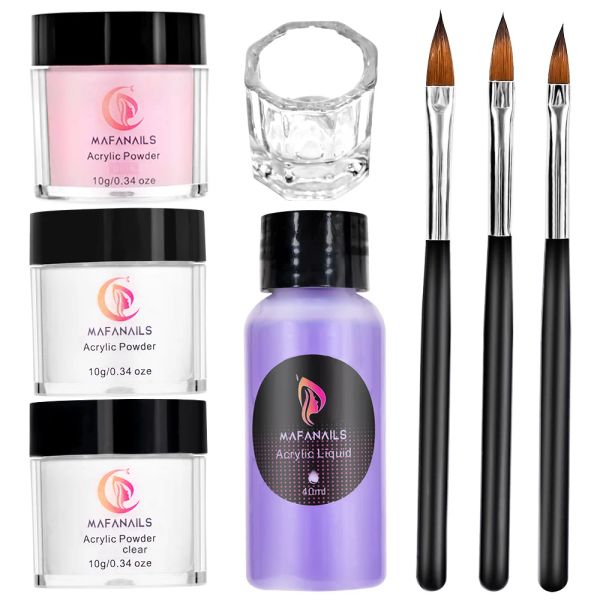 Kits ongles en poudre acrylique et monomère Liquide Ensemble, kit de brosse liquide en poudre en poudre en poudre blanc rose transparent 3D Nails Art Decoration Tools