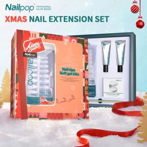 Kits NAILPOP Christmas Nail Art Kit Xmas Fake Nail Tips Set draagbare UV LED -lamp zachte gel lijm voor snelle nagelsverlengingscadeau -kit