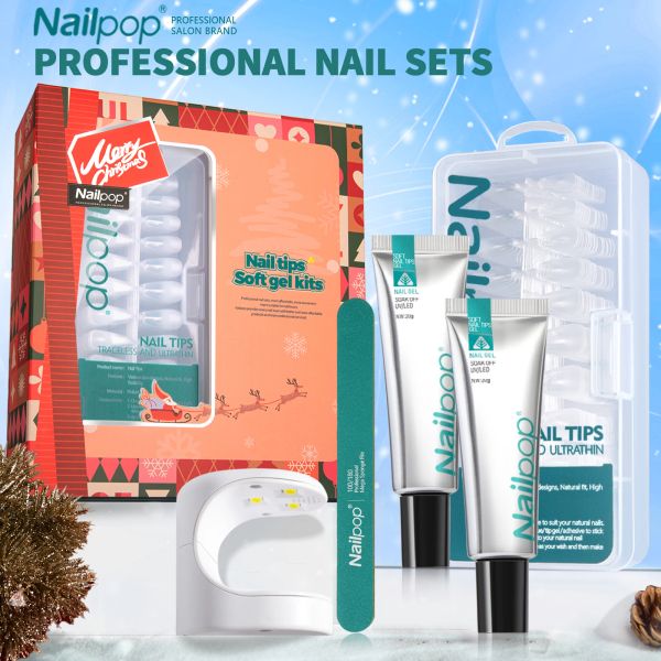 Kits Nailpop Christmas Nails Extension Kit Santa Regalo incluye puntas de uñas de gel suave Manicura de Navidad de invierno para mujeres y niñas