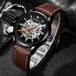 Kits Ochstin Master Series Leather Hollow Mechanical Mens Watch Mineral Harded Glass Life Waterproof Mechanical Watch