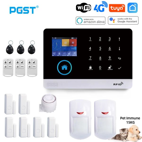 Kits PGST PG103 Système d'alarme WiFi 4G Tuya avec un capteur de mouvement immunitaire pour animaux de compagnie IP CAMER