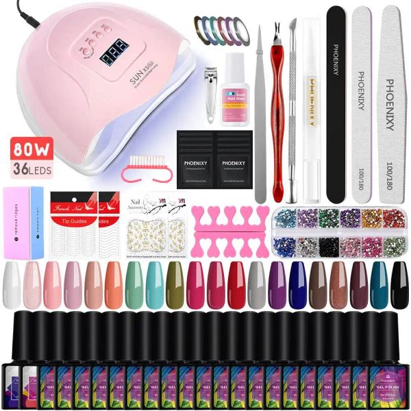 Kits Phoenixy Ensemble de vernis à ongles en gel complet avec sèche-lin LED 80W UV Semi Permanent Gel Vernis Professionnel Kit d'outils d'art de nail