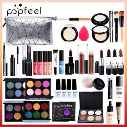 Kits Popfeel Kit cosmétique fond de teint visage vernis à ongles multifonction poudre bouffée ensemble de maquillage baume à lèvres palette de fard à paupières avec trousse de maquillage