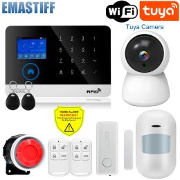 Kits Quad Band Wireless Tuya WiFi GSM -alarmsysteem TFT Display Deur Sensor Home Beveiligingsalarmsystemen Wired Siren Kit Sim SMS Alarm