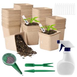 Kits Kit de pots de tourbe de démarrage de graines 100 pièces plateaux de semis de germination biodégradables avec 100 étiquettes de plantes et outils de jardin pour le jardin