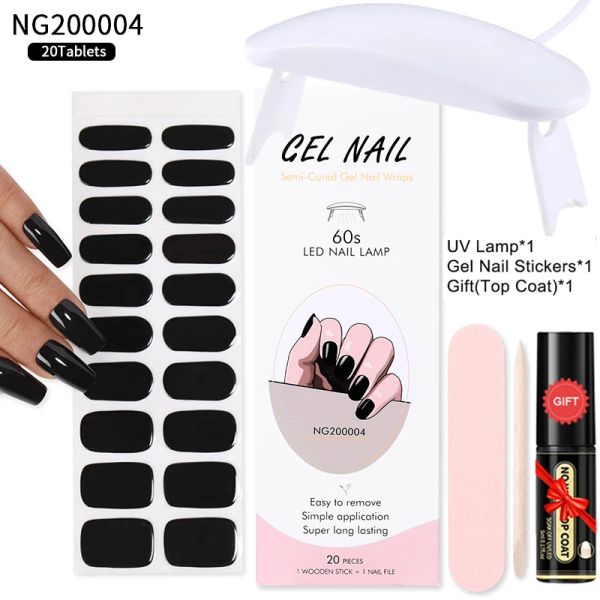 Kits bandes d'autocollants à ongles en gel noir semi durcis avec une couche de finition de lampe UV adhésif gel durable couverture complète décalcomanies à ongles manucure