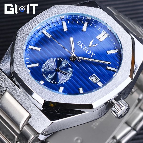 Kits Skrox Fashion Blue Men Watches Casual étanche à acier inoxydable Business Mécanical Top Top Brand Luxury Sport Date Clock