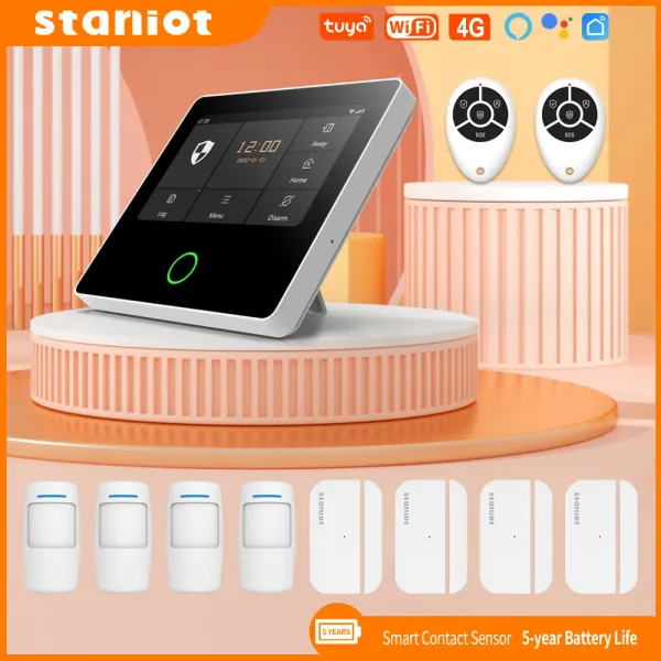 Kits STANIOT TUYA SMART WIFI 4G Sécurité d'alarme de sécurité Builtin Sirène Home Famber avec 5 ans Détecteurs de fenêtre de porte du capteur de contact de 5 ans