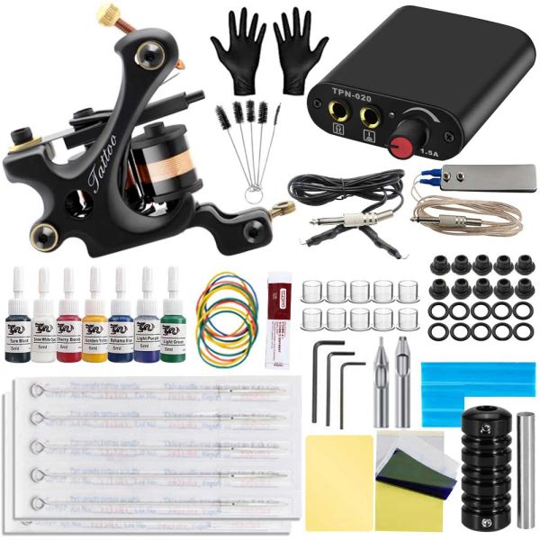 Kits Kits de tatuaje Ametralladora de tatuaje con fuente de alimentación de tinta Empuñaduras de tatuaje Herramientas de arte corporal Juego completo de tatuajes Suministros de accesorios de tatuaje