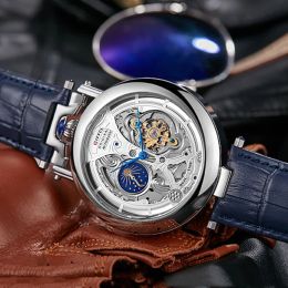 Kits Tourbillon Creué mécanique montre la montre-bracelet Men de lune automatiques phases de lune transparent squelette mécanique montre le cuir mâle