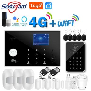 Kits TUYA WiFi GSM Home Security Alarm System 4G Smart Cambur Host 433MHz Screen sans fil TFT RFID Touch Keyboard Contrôle Alexa