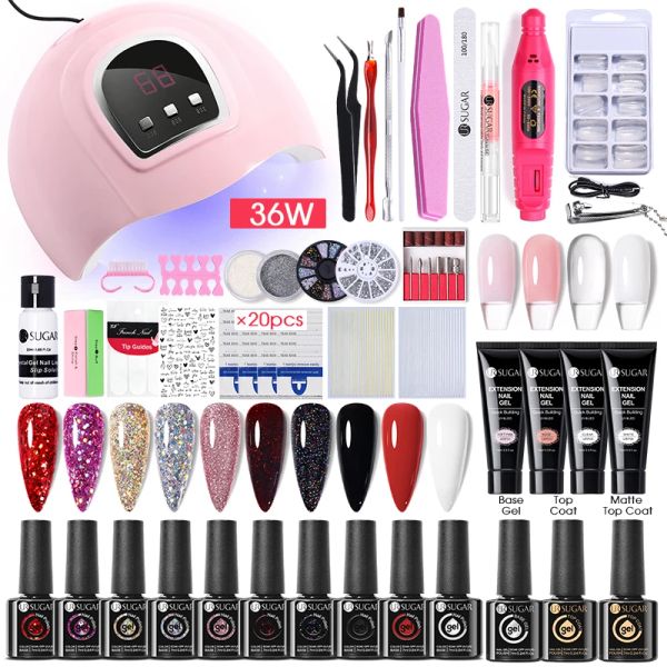 Kits ur sucre extensions rapides gel uv gel ensemble avec lampe UV 36W acrylique 12pcs gel ongle gel polonais top top coat de base kit de manucure de base