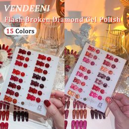 Kits vendeeni 15 colores flash rojo gel de diamante roto esmalte de esmalte de esmalte de brillo LED UV Remojo de gel de gel laca reflectante de gel brillante