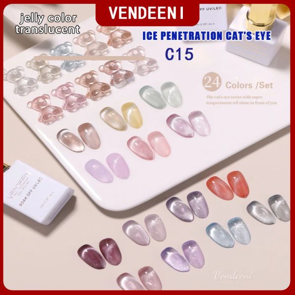 Kits Vendeeni 24 couleurs / ensemble Généraire à ongles de gel de l'œil de chat Cat Transparent Ice SPAR Cat Oeil's trempe Off UV LED MAGNÉTIQUE GEL VARNI