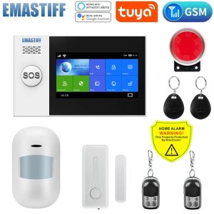 Kits W4B Tuya Wireless Home Wifi WiFi GSM Home Security with Motion Detector Sensor Burglar Alarm System Control Application Contrôle Alexa