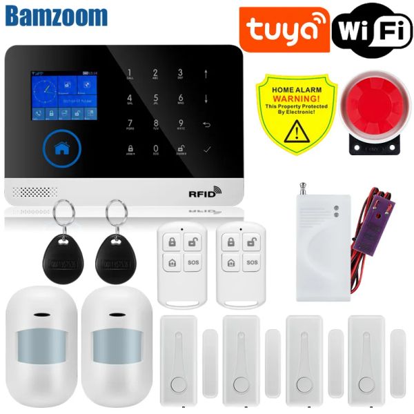 Kits WIFI WIFI GSM Sistema de alarma de seguridad para el hogar con detector de agua del sensor de movimiento para la aplicación Tuya SmartLife Works Alexa Google