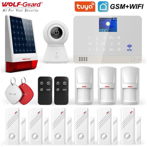 Kits Wolfguard Wifi GSM LCD Sistema de seguridad de alarma para el hogar Tuya Control de aplicaciones 11 Idiomas Cámara de bricolaje Solar Siren Pir Detector Sensor de puerta