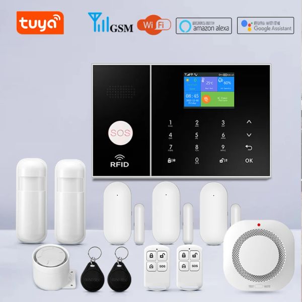 Kits Yaoshing Tuya WiFi GSM Security Alarm System Fonctionne avec Alexa Home Mode Motion Detector Smoke Door Window Camera IP Camera