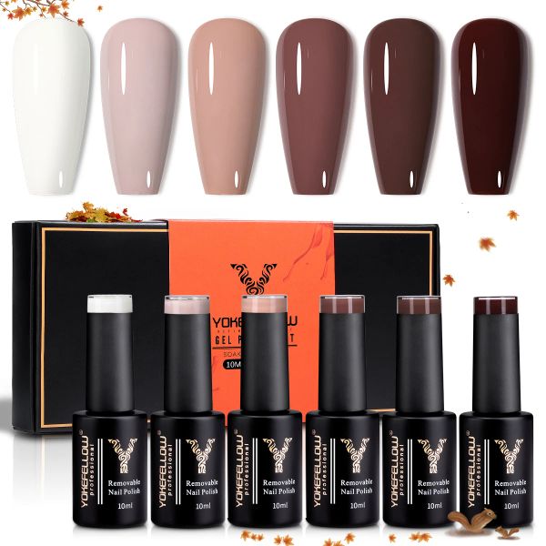 Kits Yokefellow 6pcs / Set Full Gel Gel d'hiver Fil Volie à ongles semi-permanent Gel LED Vernis Brown Orange Pumpkin Halloween Christmas cadeau