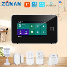 Kits zonan g60 tuya wifi GSM Alarma de seguridad Temperatura Humedad Pantalla de huellas Finger Huellas Aplicaciones Control Kit de alarma inalámbrica