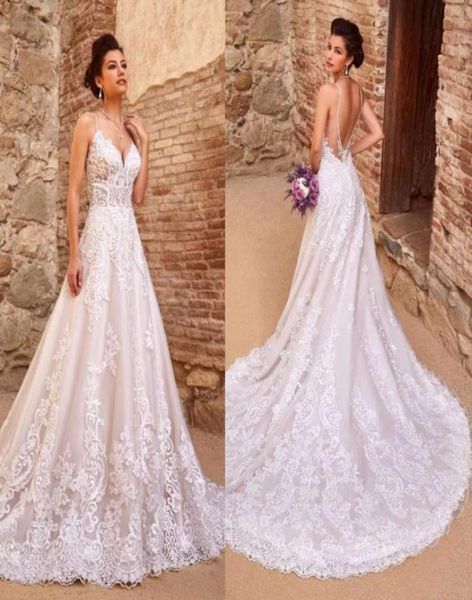 Kitty Chen 2019 A LINE ROBILES DE MARIAL SPAGHETTI COU COUCHE SEMBRESSE ELEGANT LACE LACE appliquée robes nuptiales Sweep Train Tulle Beach Wedding4826563