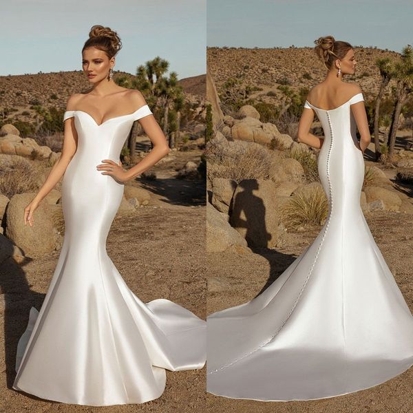 Kitty chen 2021 robes de mariée sirène en satin simple hors de l'épaule robes de mariée vestido de novia balayage train robe de mariée
