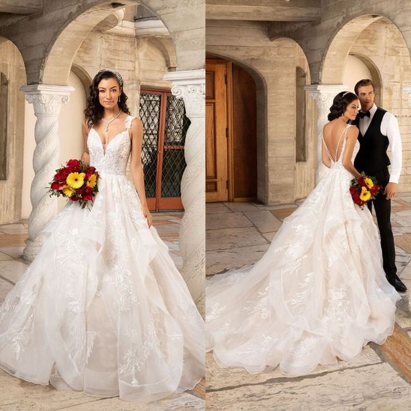 Kitty Chen 2021 Robes de mariée en V couche Appliques en dentelle une ligne Boute de mariée Boute arrière Sweep Train Robe de mariée Vestidos de Novia 298m