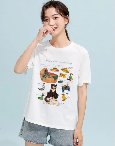 Kitty papier poupée fleur drôle imprimé t-shirt femmes à manches courtes coton mode Oneck impression hauts 240329