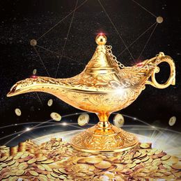 KiWarm Klassiek Metaal Gesneden Aladdin Lamp Licht Wens Thee Olie Pot Decoratie Collectable Saving Collection Arts Craft Gift Y20010281M