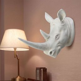 KiWarm-adorno de cabeza de rinoceronte exótico, estatuas de animales blancos, artesanías para el hogar, colgante de pared, decoración artística, regalo T2003313279