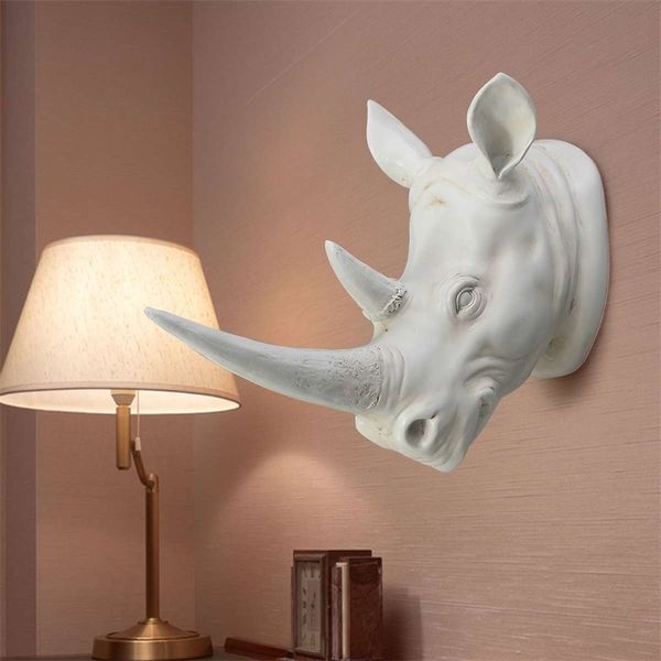 KiWarm resina exótica cabeza de rinoceronte ornamento blanco estatuas de animales artesanías para el hogar Hotel pared colgante arte decoración regalo T200331