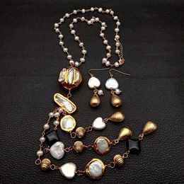 KKGEM 20 Onyx naturel blanc perle d'eau douce gland pull plaqué or chaîne de charme collier boucles d'oreilles ensemble de bijoux pour les femmes 240305