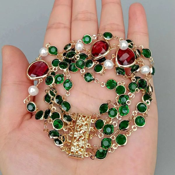 Kkgem 4 brins Green Crystal Cultured White Pearl Rosary Chain Bracelet Bijoux perlé 240411