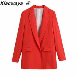 Klacway Za femmes Blazers 2021 été rouge lin imprimé poignets dame bureau costume manteau Vintage à manches longues veste décontracté femme hauts X0721