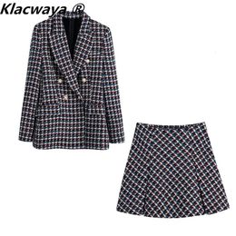 Klacwaya Tweed Pak Tweedelige Set Vrouwen Double Breasted Blazer Kantoor Dame Geruite Pakken Met Rok Vrouwelijke Hoge Taille Rokken 240118