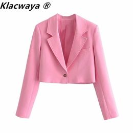 Klacwaya Mujeres Vintage Cuello con muescas Color Sólido Corto Slim Blazer Abrigo Mujer Un botón Ropa exterior Chic Crop Tops 211122