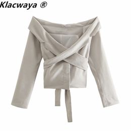 Klacwaya Za Blazer Femme Bureau Off Épaule Veste avec ceinture Slim manches longues Casual Blazer Vêtements Femme Costume Chic Tops 211116