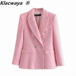 Klacwaya Za Blazer Femmes Mode Rose Plaid Texture Casual Printemps Automne Bureau Double boutonnage Manteau 211019