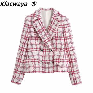 Klacwaya Za femmes 2021 Blazer Plaid à manches longues Double boutonnage costumes courts bureau élégant costume manteau X0721