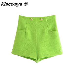 Klacwaya ZA Dames Groene Hoge Taille Shorts Zomer Elegante Knoopt Zakdecoratie Geweven Casual 210719