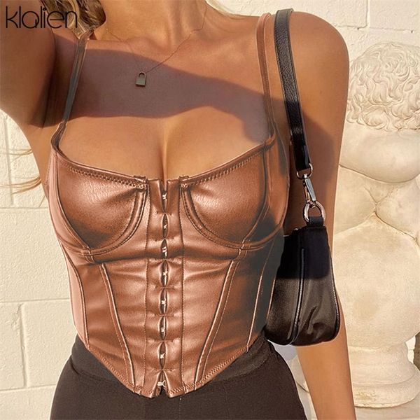 Klaien 2021 verano sexy v-cuello halter sin mangas sólido mujeres camisola pu cuero punk club botón calle estilo crop corset 210308