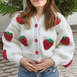 KLALIEN mode élégant mignon imprimé fraise simple boutonnage pull femmes automne épaissir chaud Cardigan Streetwear 211011