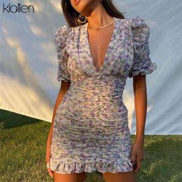 Klalien Fashion Elegant Print Boho Floral Office Lady Street Puff Sleeve V-hals Slanke Vrouwen Jurk Zomer Club Party Beach Jurken 210623