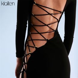 Klalien Fashion Sexy Hollow Out Backless verband Lange mouw o nek luipaard maxi jurk voor dames herfst feestjurken 220505