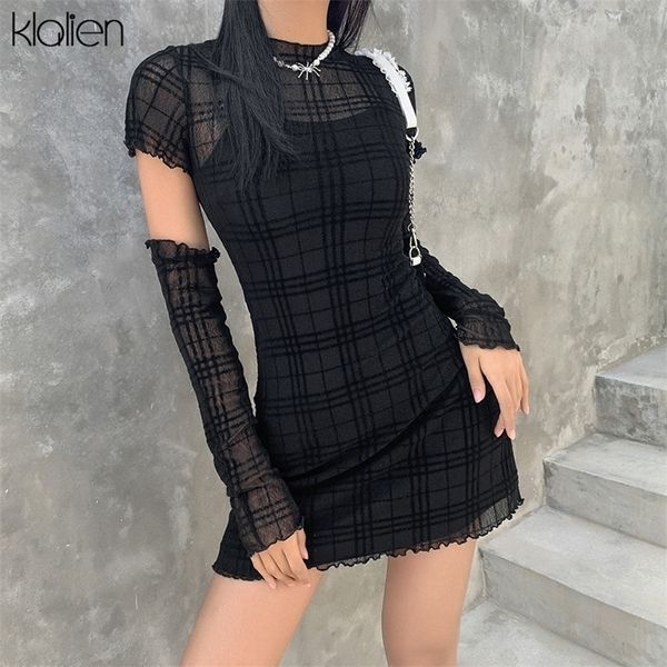 KLALIEN printemps mode Simple Plaid Patchwork jeune Style Dres décontracté rue mince bureau dame noir Mini robe 220311