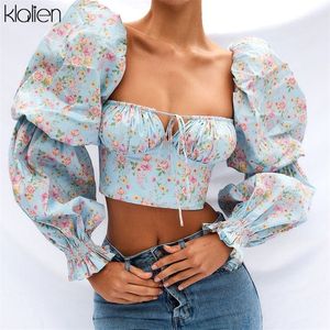 KLALIEN Spring Summer Fashion Elegant French Romantic Floral Puff Sleeve Square Collar Women Blouses White Chiffon Shirt 220407